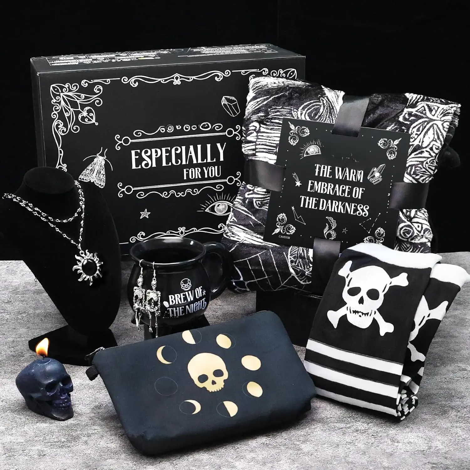Gothic Gifts for Women, Goth Theme Box with Gothic Coffee Mug, Goth Skull Candle, Gothic Skull Earrings, Blanket and More, Gothic Graduation Gifts Party Set for Teens Girls Friends