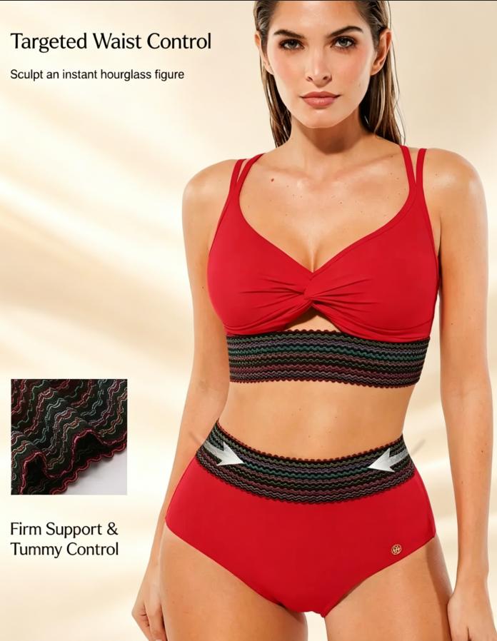 Women's High-Waisted Two-Piece Bikini, Snakeskin Print Push-Up Swimsuit with Ruched Front & Wide Ribbed Band Clothes Womenswear Top