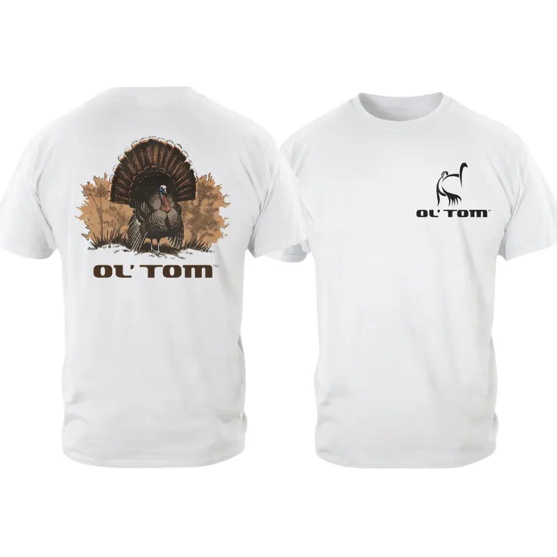 Ol’ Tom Outdoors Retro Turkey Hunting Graphic Shirt, Ol’ Tom Outdoors Vintage Wild Turkey T-Shirt, Ol’ Tom Outdoors Unisex Cotton Hunting Lifestyle Tee world tshirts 2000s white orange black