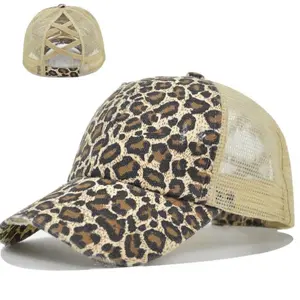 Faded Cotton Trucker Hat Animal Print with Mesh Back and PonyTail Crossing