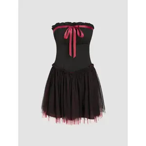 Cider [size 0-10] Contrasting Binding Bowknot Tulle Tube Mini Dress