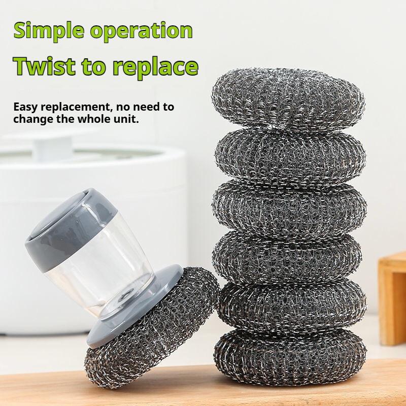 Kitchen-specific automatic liquid dispensing dishwashing brush, press-type dishwashing brush, steel wool cleaner.