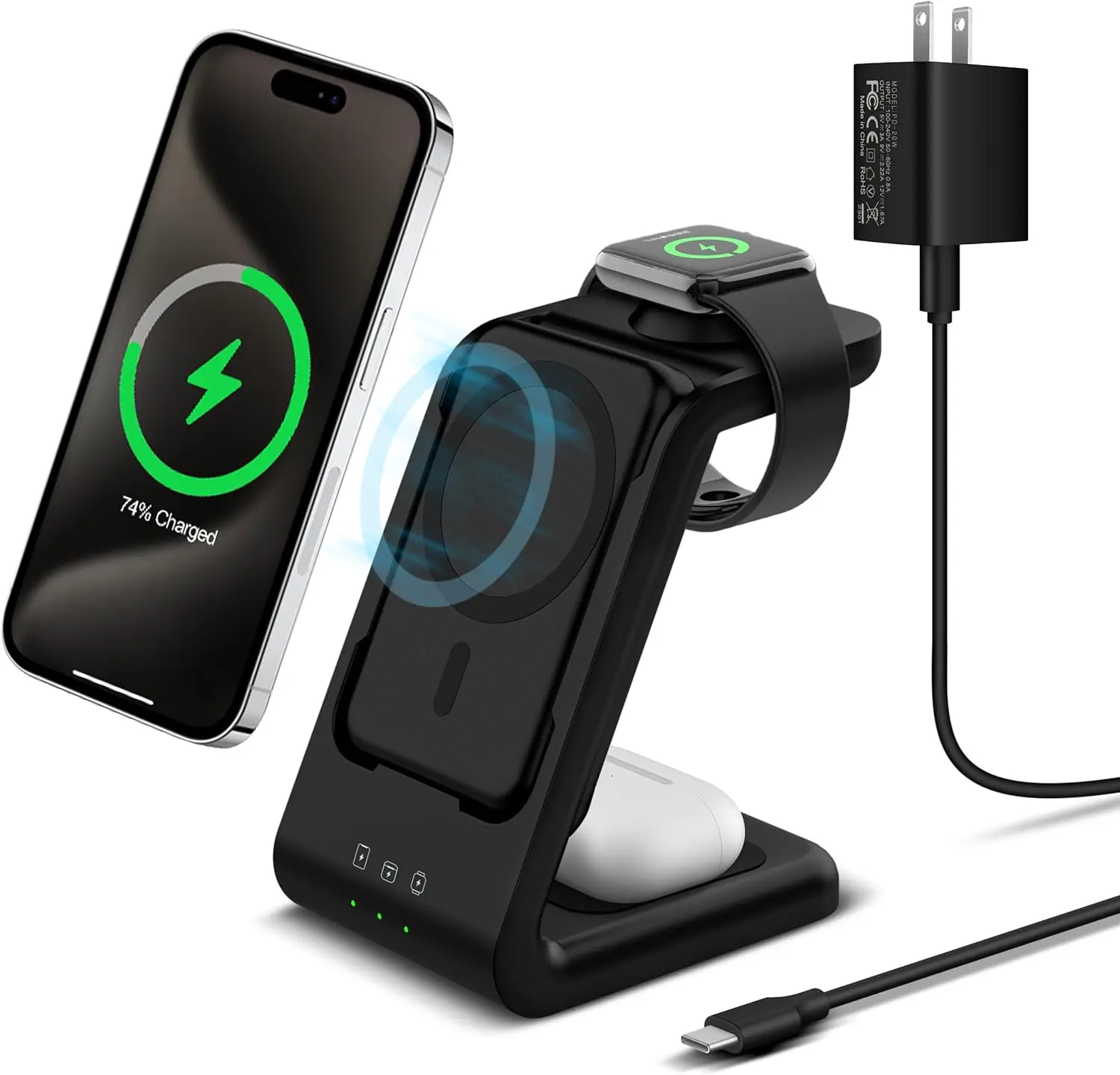 Smtcsl 3 in 1 Wireless Charging Station: 5000mAh Removable Power Bank Charger Stand for Phone/Watch/Air Pods - Portable Magnetic Battery Pack for Air 17 16 15 14 13 12 Series