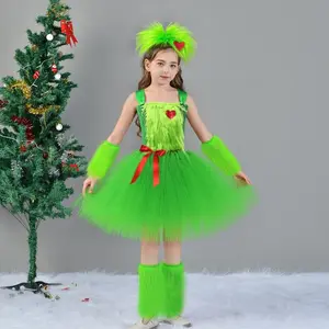 Preschool girl Christmas green monster costume fur Halloween costume heart-shaped embroidery sleeveless chiffon patch dress cute role-playing dress up