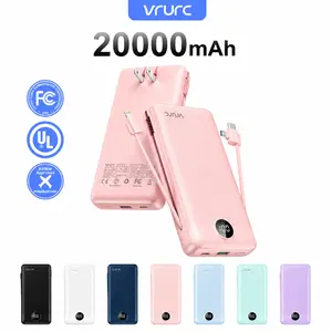 VRURC 20000mAh Portable Power Bank 22.5W Fast Charging with 4 Outputs & 2 Inputs Foldable AC Wall Plug Cables LED Display Travel Essential Battery Pack for Phones Samsung Tablets Earbuds Pink Micro USB Type-C  #Summervibes