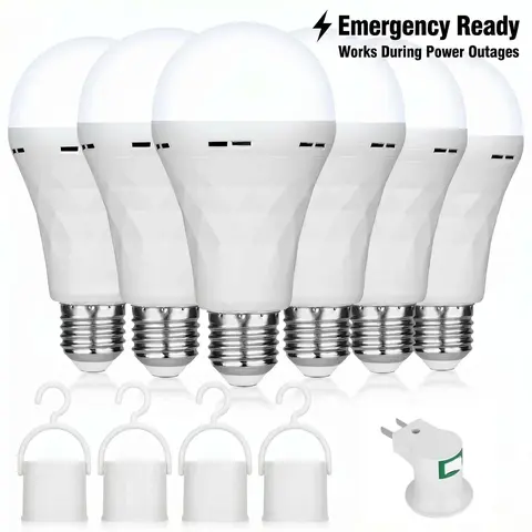 4 Pack Emergency Rechargeable Light Bulb with Hook, 1500mAh LED Power Outage Bulb, 12W 60W Equivalent Camping Light for Home Hurricane Backup