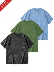 Vintage Heavyweight Men's T-Shirt, Loose Fit Casual Summer Top, Marble Pattern, Long Sleeve, Three-Piece Set, Trendy Fashion