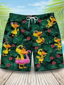 New Summer Men's Jungle Duck Full Print Shorts, Casual Loose-Fitting Vacation Swim Trunks, Beach Party Sand Pants