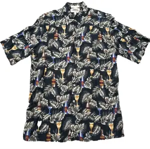 Campia Moda Men's Medium Black Hawaiian Shirt Cocktail Beer Print Rayon Casual