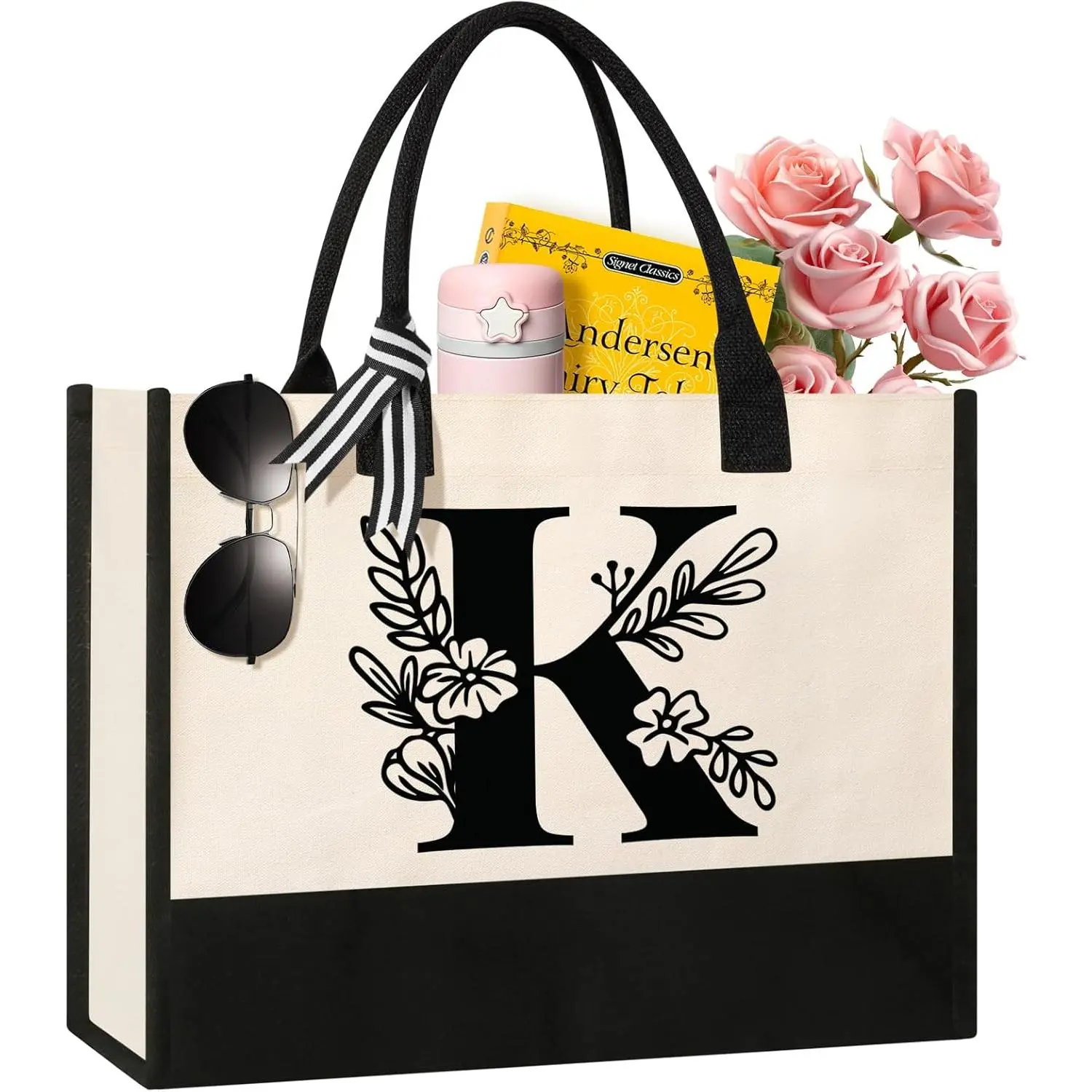 Personalized Initial Canvas Tote Bag, Suitable for Birthday, Wedding, Beach, Holiday, Gifts for Women, Mom, Teachers, ,  Friends, Bridesmaids (K)