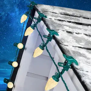 Moonflor C9 LED Christmas Lights Outdoor 50ft 50 LED Waterproof Strawberry String Lights with 50 Spring Clips Commercial Grade Extendable Warm White for Roofline Patio House Xmas Decor