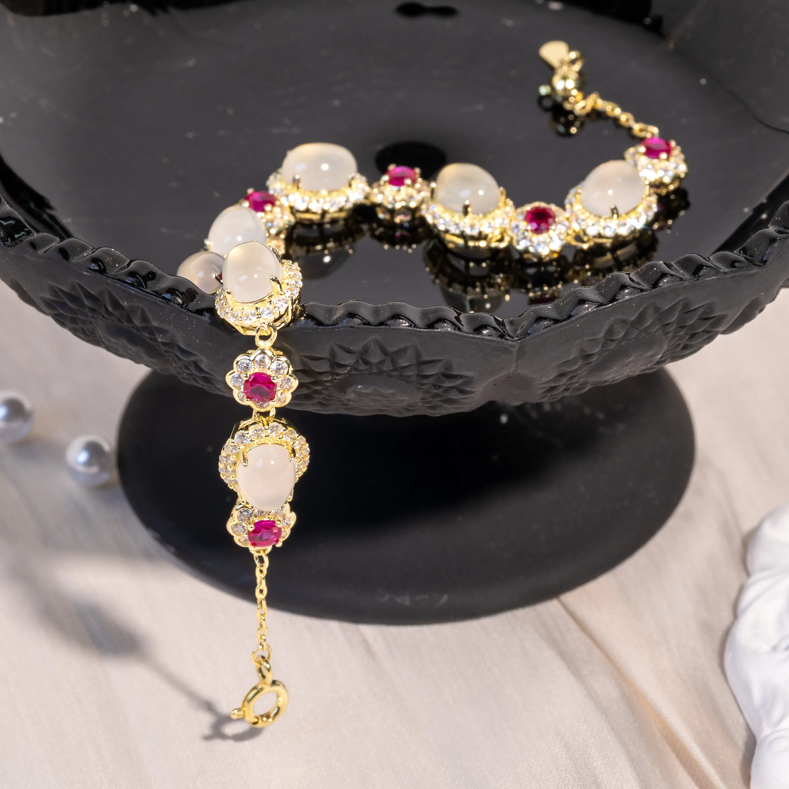 Vintage Royal Floral Halo Bracelet | Milky Gemstone & Pink Ruby Accent Bangle | Romantic Princesscore Jewelry Gift
