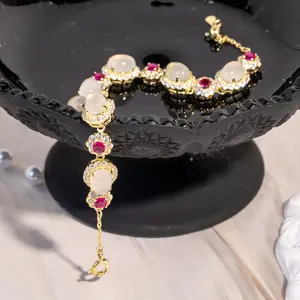Vintage Royal Floral Halo Bracelet | Milky Gemstone & Pink Ruby Accent Bangle | Romantic Princesscore Jewelry Gift