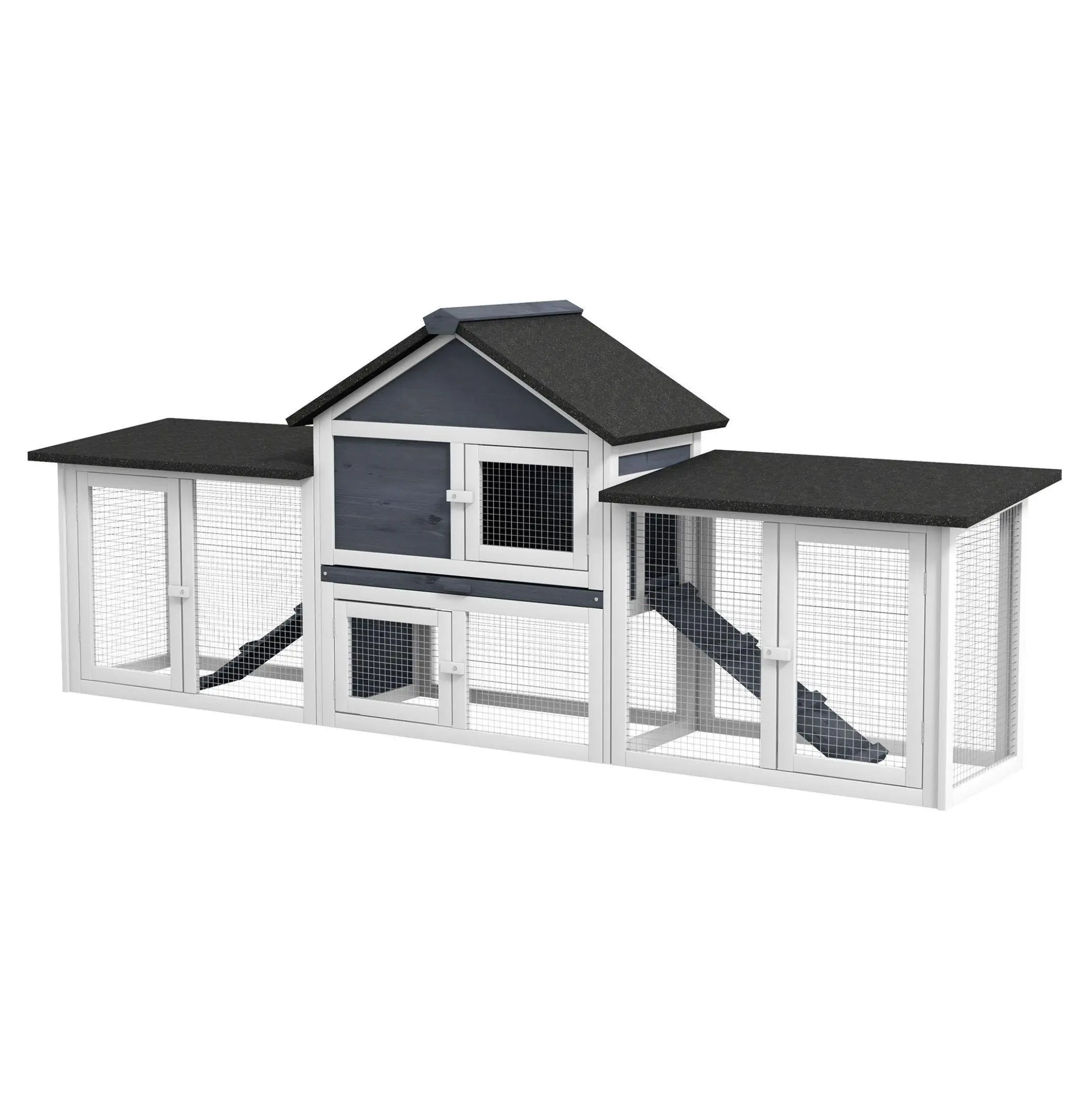 Rabbit Hutch 83" 2 Story Outdoor Bunny Cage, Large Wooden Rabbit House w/Run & Ladder, Dark Gray Default Title