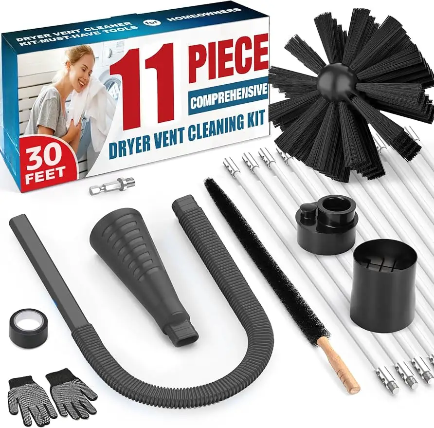 11-count Dryer Vent Cleaner Kit Omnidirectional Dryer Cleaning Kit Include 30 Feet Dryer Vent Brush, Black Dryer Lint Vacuum Attachment&Dryer Lint Tra