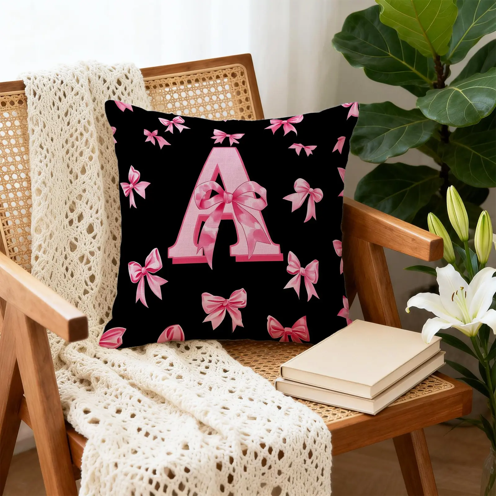 45x45cm 1Pcs Custom Letter Bow Trendy Print Throw Pillow, Machine Washable Durable No Deformation, Perfect for Summer Camping Picnic Outdoor Cushion (With Pillow Insert)