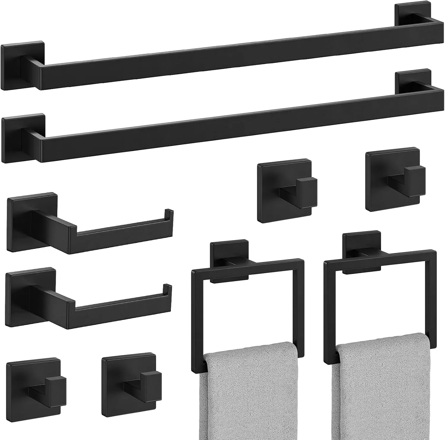 ATSHOWER 10 Pieces Bathroom Hardware Accessories Set Matte Black, 16 Inch Square Towel Racks Set for Bathroom, SUS304 Stainless Steel Towel Bar Set, Bath Accessories Sets Wall Mounted, Modern Towel Racks for Bathroom Towel Bar Set