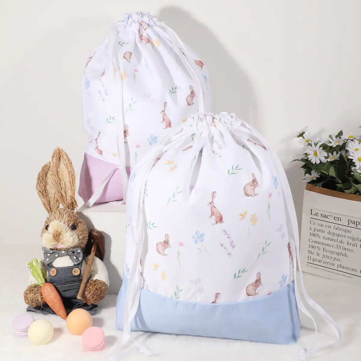 Extra-Large Personalized Easter Bunny Bag – Velvet Drawstring Gift Bucket with Floral Print, Big Storage Candy Tote for Easter, Parties, Weddings & Goody Bags