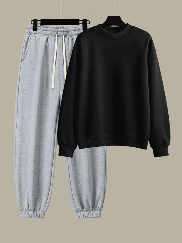 Men's Cotton Solid Color Casual Tracksuit Set Loose Fit Crew Neck Sweatshirt with Matching Jogger Pants for Fall Winter Comfortable Menswear Outfit for Outdoor Activities Sporty Commute Fitness and Relaxed Everyday Wear