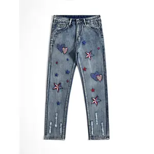Light Blue High-Cotton Slim-Fit Jeans | American Flag Embroidery Distressed Denim