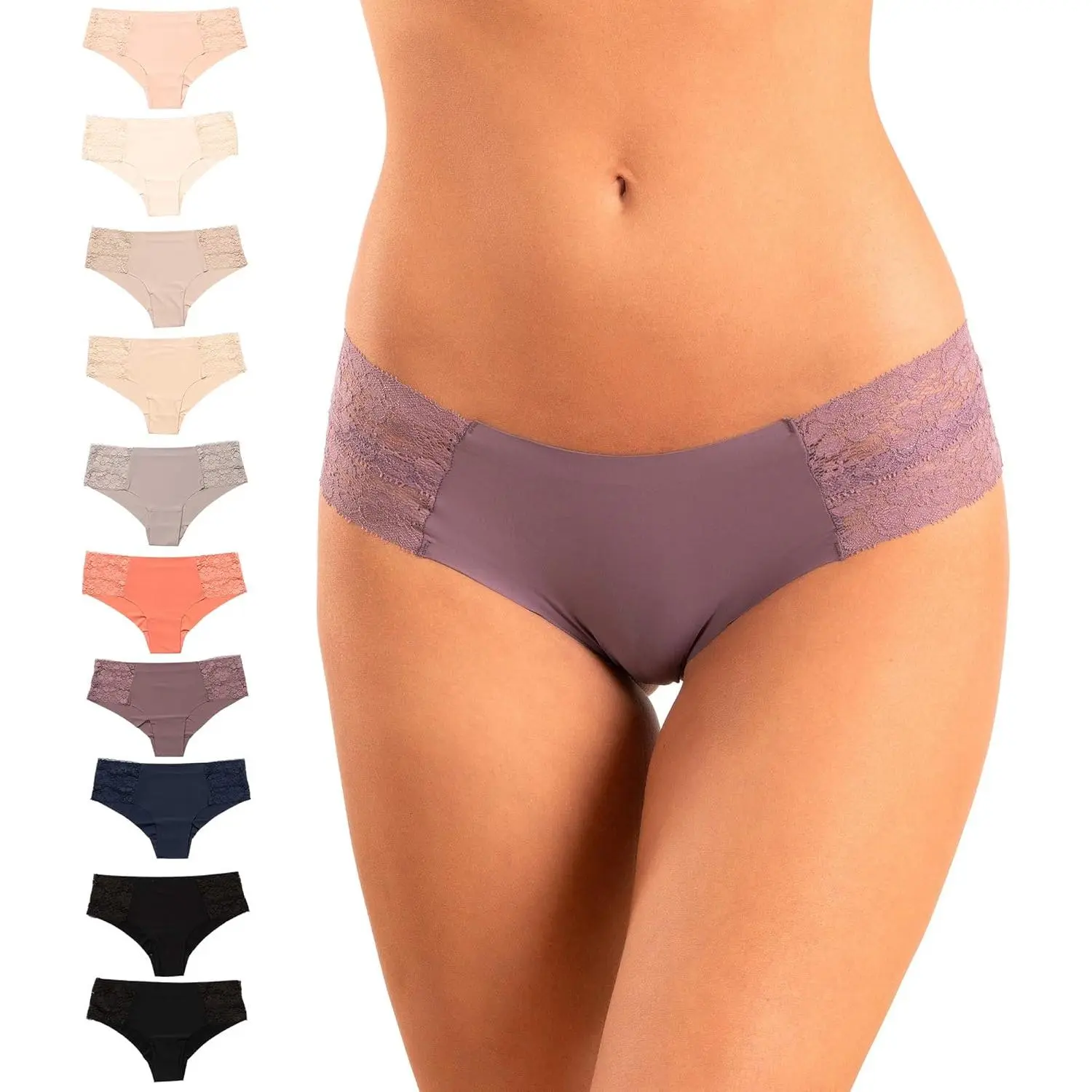 Women's Panty Set, 10-Pack Seamless Laser-Cut Cheeky Underwear with Lace Trim, No-Show Mid-Coverage in Assorted Vibrant Colors, Trim Lace Panty, Panties, Lacy, Seamless Fabric, Laser Cut Edges, Flattering Fit