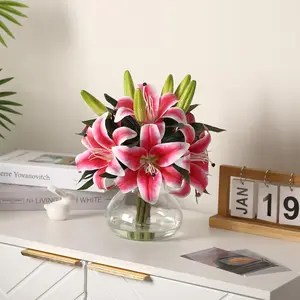 6-Pack Realistic Silk Lilies Artificial Flowers with Glass Vase – Lifelike Faux Lily Bouquet for Home Wedding Office Decor,No Maintenance,Bendable Stems,Ready-to-Display-Pink