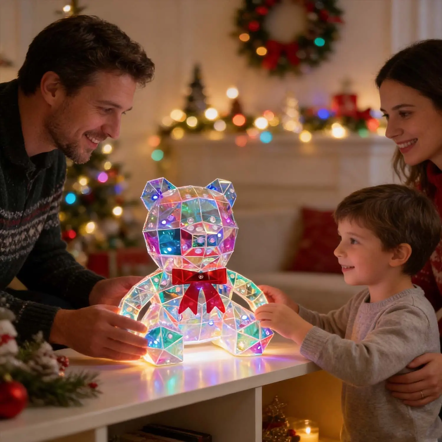1PC Romantic Colorful Bear Ambient Light, Glowing Bear Ornament with Red Bow, Holiday Party Decoration Light, USB Powered, Unique Bedroom and Living Room Decoration, Wedding, Anniversary, Graduation Season Decoration Gift