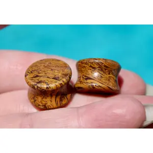 Calligraphy Stone Ear Gauges, Double-Flare Plugs with Polished Swirling Patterns, Natural Body Jewelry Sold as a Pair, Ear Gauge Tunnels