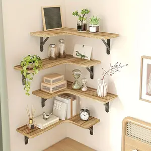 5-Layer Corner Floating Shelves, Wall-Mounted Rustic Wood Shelving, Aesthetic Room & Home Decor, Ideal for Kitchen, Bathroom, Bedroom, Wooden Wall Shelf