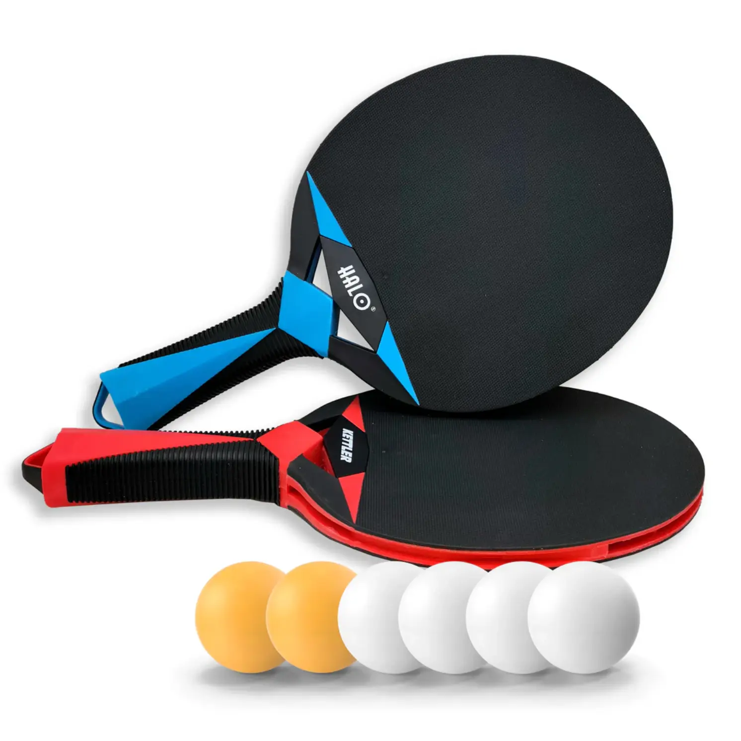 HALO X Model Weatherproof 2-Player Table Tennis Paddles Set - 2 HALO Rackets with Concave Grip, Resin Construction, Rubber Surface, 6 Kettler Outdoor Balls, Comfortable to Use, Great Durability, Includes Balls, 2 Halo Outdoor Rackets