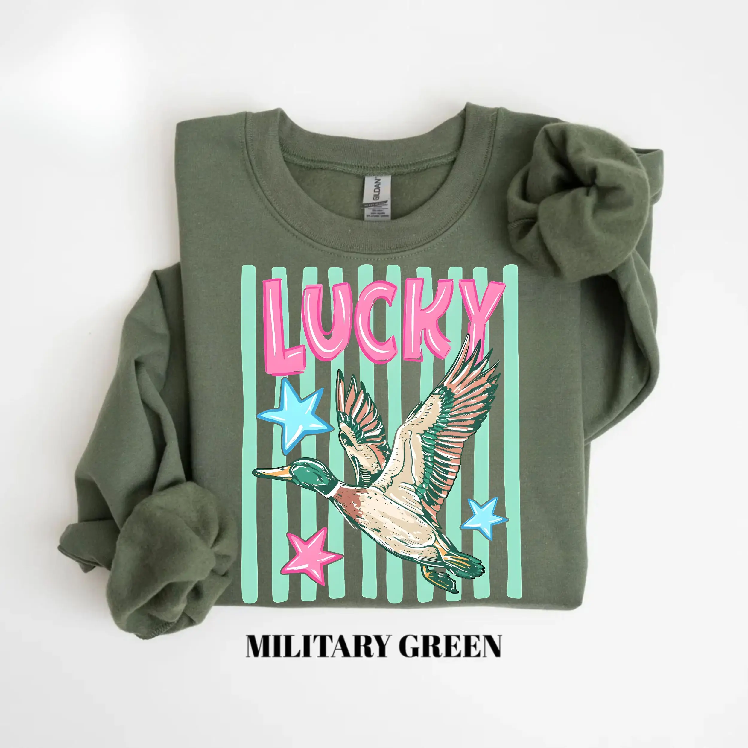Gildan Lucky Duck Striped Sweatshirt, Funny Animal Meme Sweatshirt, Retro Summer Coastal Preppy Stripes, Lucky Sweatshirt, Mallard Duck Sweatshirt Gift for Women