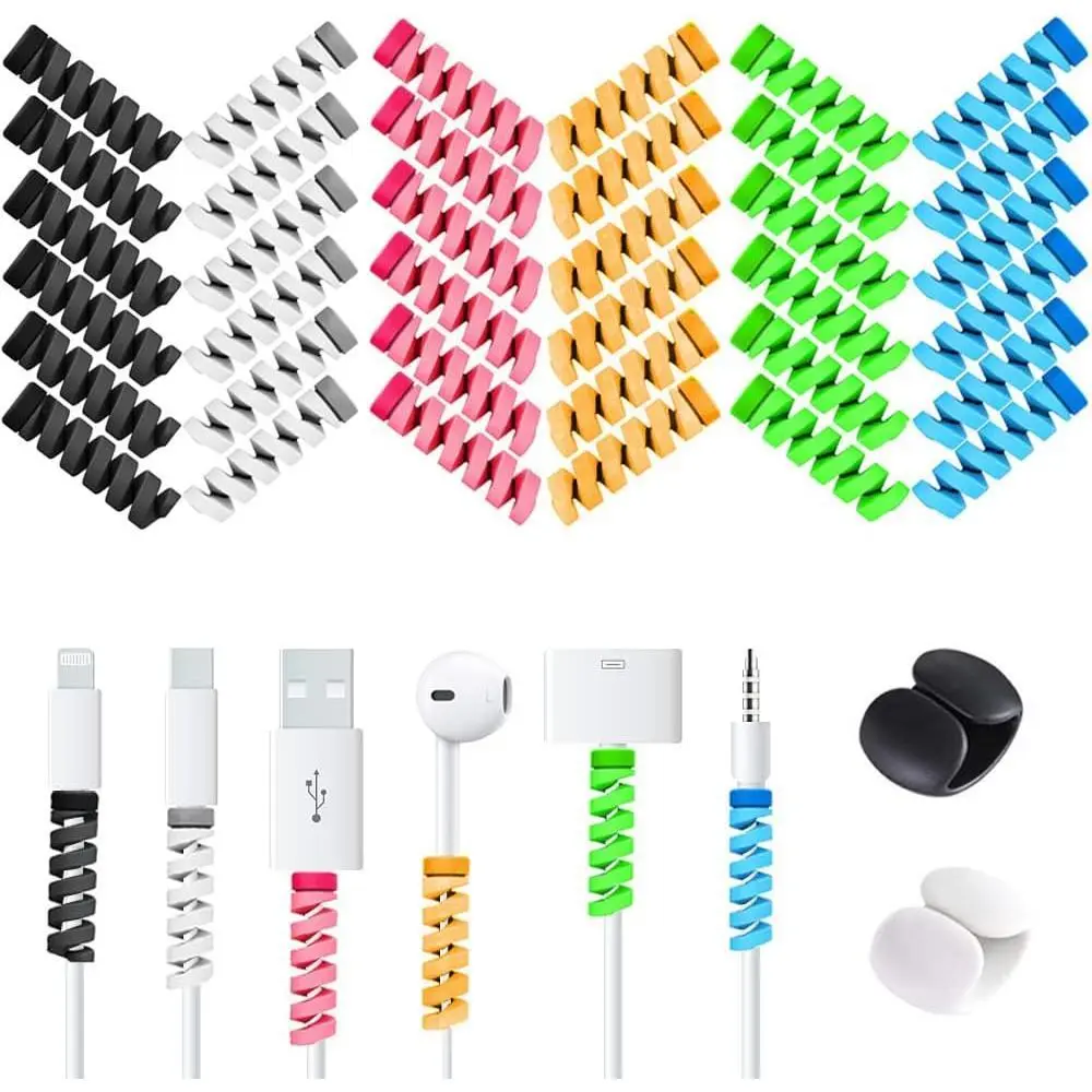 F-CPC08 36 PCS Cable Protectors for iPhone iPad Charger End Cord Savers with 2 Desk Cable Clips, Spiral USB Wire Protector for Headphone MacBook Laptop Earphone Cell Phone Cute Cable Wrap Accessories
