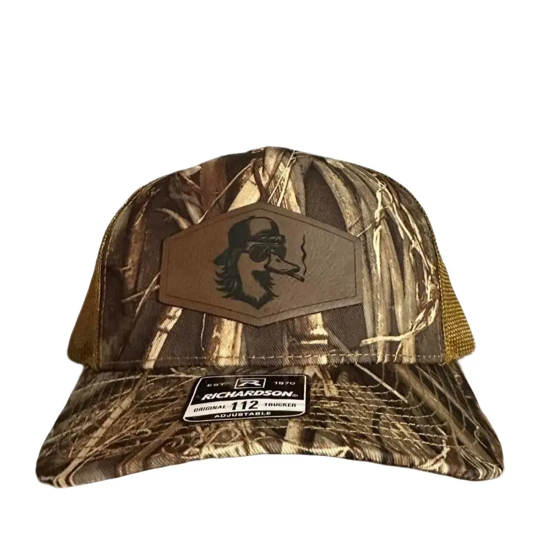 Duck Mullet Leather Patch Richardson 112 camo Hat - Authentic Leather Patch with Duck and Mullet Design, Classic Style