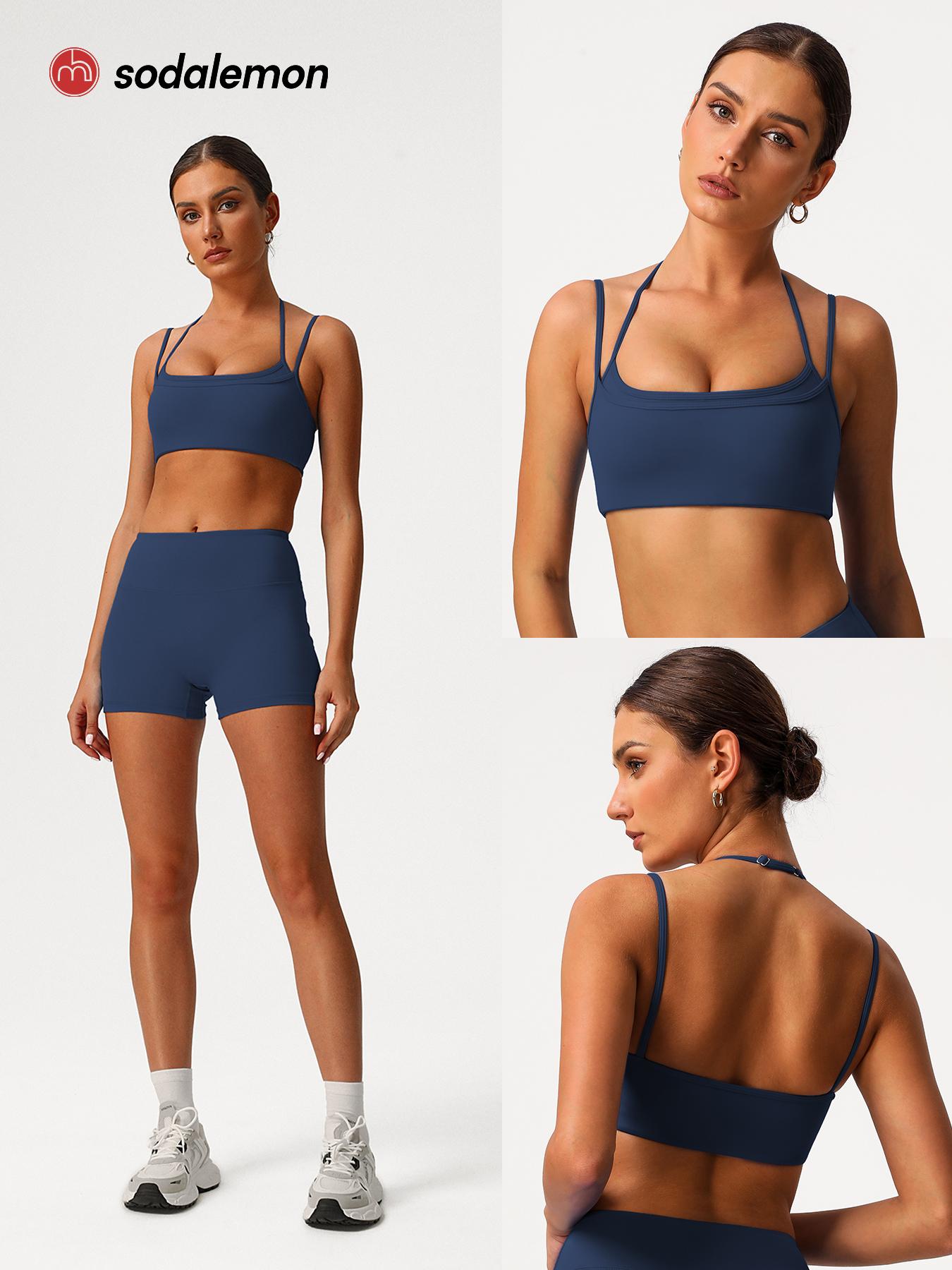 Sodalemon Women double layered-strap scoop-neck yoga sports bra, cropped open-back workout top, outdoor Pilates fitness sports bra