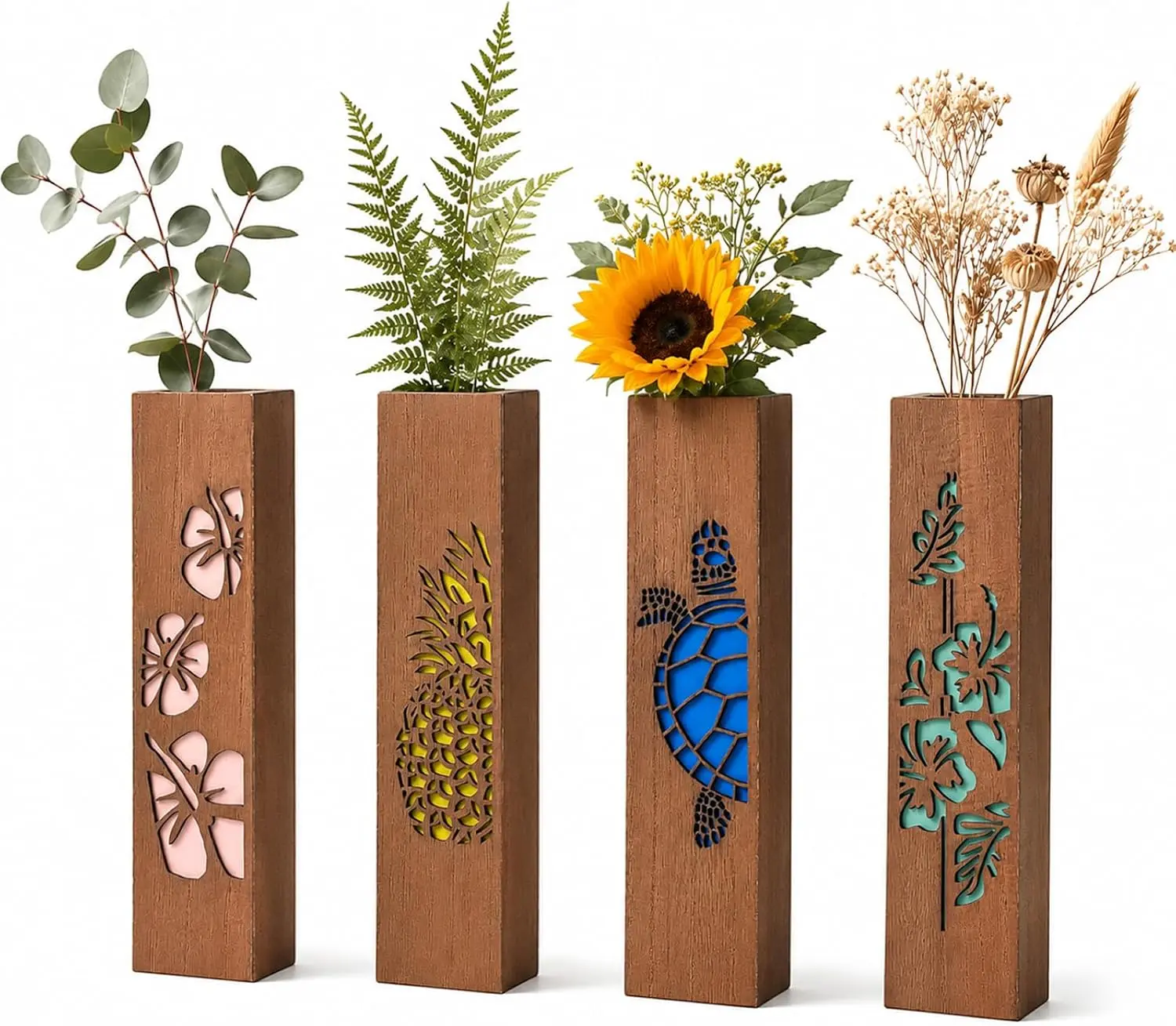 4 Sets Brown Wood Wall Vase Planter 11.81in Wooden Hanging Wall Mounted Flower Vases Rustic Farmhouse Wall Decor Holders for Living Room Bedroom Home-No flowers