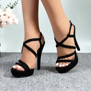 Women’s strappy platform high heels sandals in suede with a stiletto heel, round open toe, and 5-inch heel—elegant fashion girls’ summer casual dress shoes for weddings, parties, and evening events (DB).