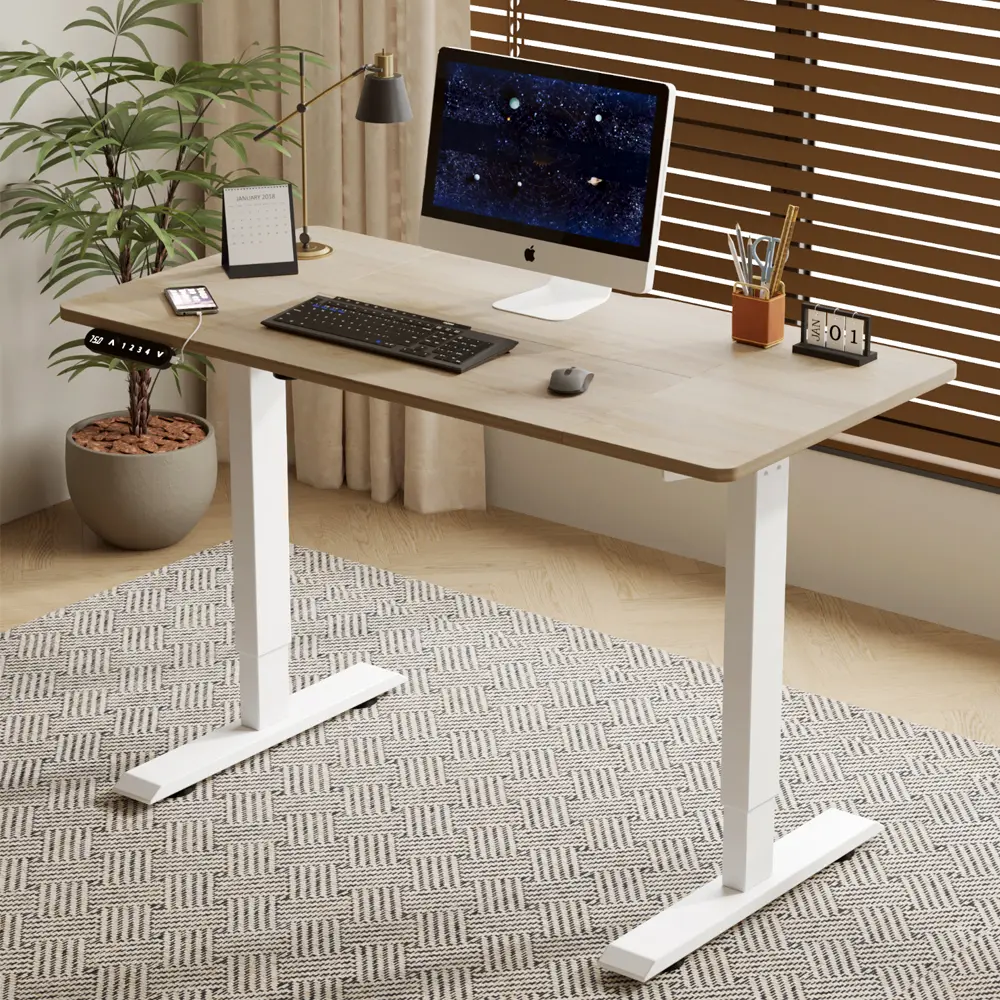 55 Inch oak color Desktop Sit Stand Desk (Home Office, Study & Gaming Ergonomic Electric Adjustable Height Desk) – 27"To 45" Height, 4 Memory Presets & 20W Fast Charging