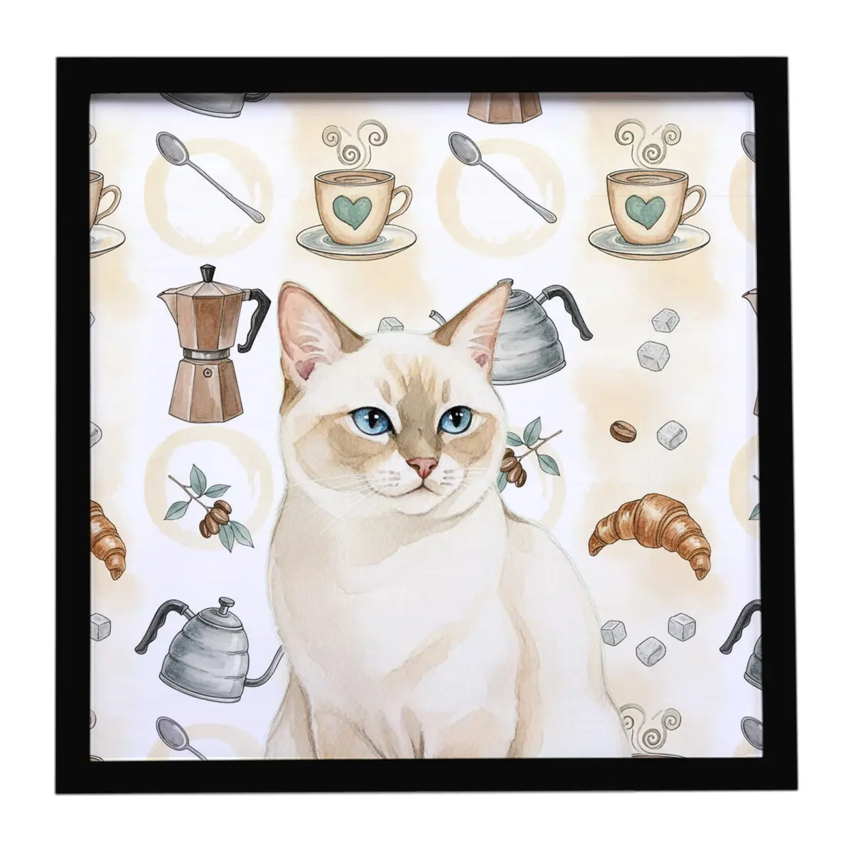 Carolines Treasures FNT1376MFP88 8x8 in. Cream Point Cat Christmas Coffee Graphic Framed Metal Print - Artistic Animal-Inspired Wall Artwork with Hanger for Home Decor, Holiday Gift