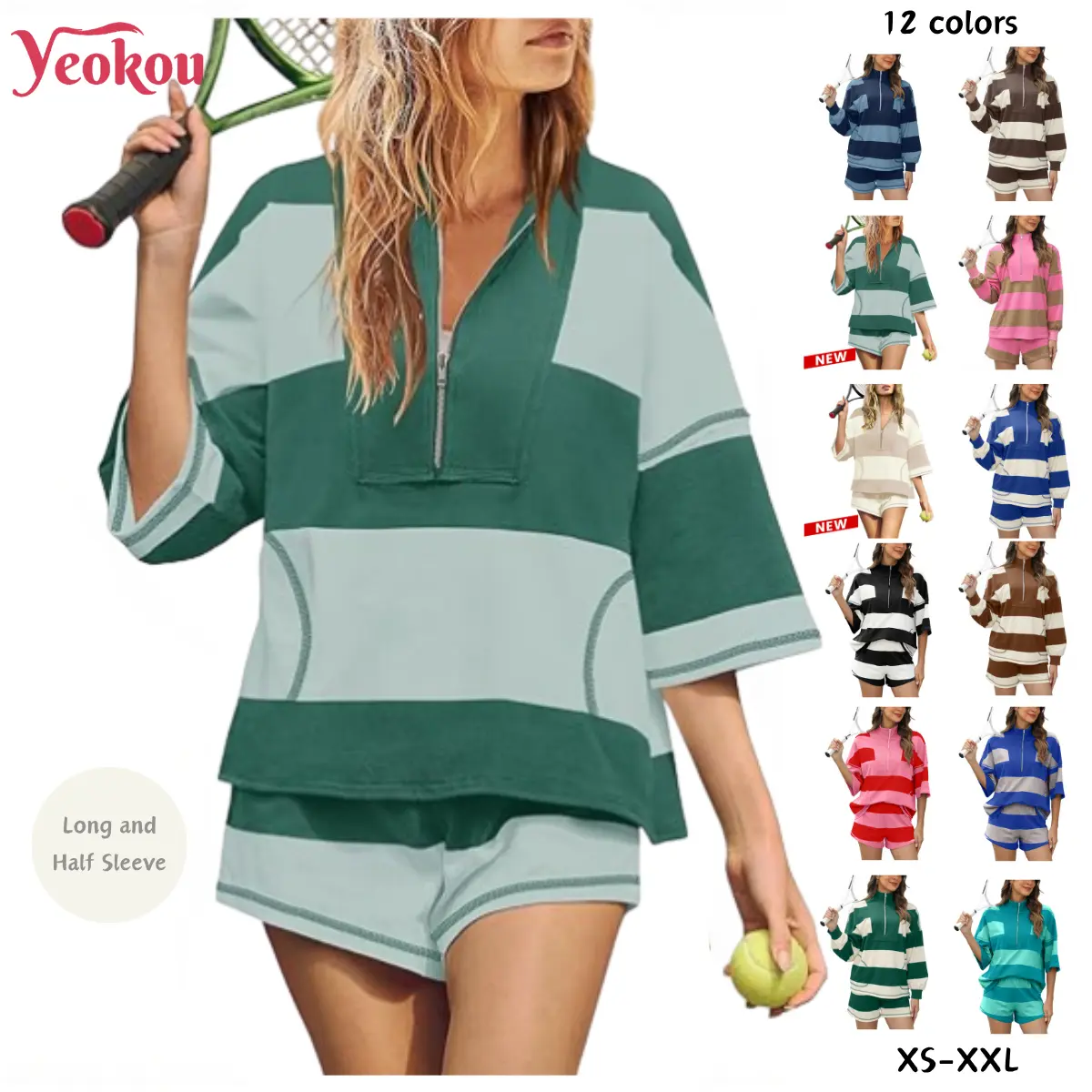 Yeokou Women's Lounge Set 2 Piece Striped Long Sleeve Quarter Zip & Short Sleeve T Shirt and Shorts for Summer & Autumn Casual Workout Tracksuit Sporty Set Stylish Activewear Yoga Outfit Set Lightweight Athletic Outfits Sweatsuit Matching Set,summerwins,s
