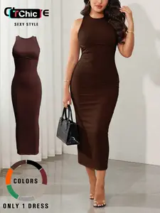 Women's Sexy Off-Shoulder Midi Dress, Backless Criss Cross Design, Split Hem, High Stretch Fabric, Casual Long Sleeveless Dress