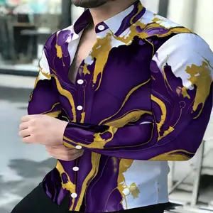 Men'S Purple Golden Fluid Texture Shirt, a Luxury Business Long-Sleeve Collared Shirt