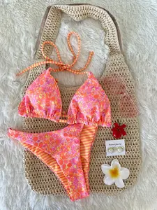 2pcs/Set Women Cute Floral Print Reversible Halter Top And Adorable Bottoms Bikini Swimsuit Set, Holiday Beach