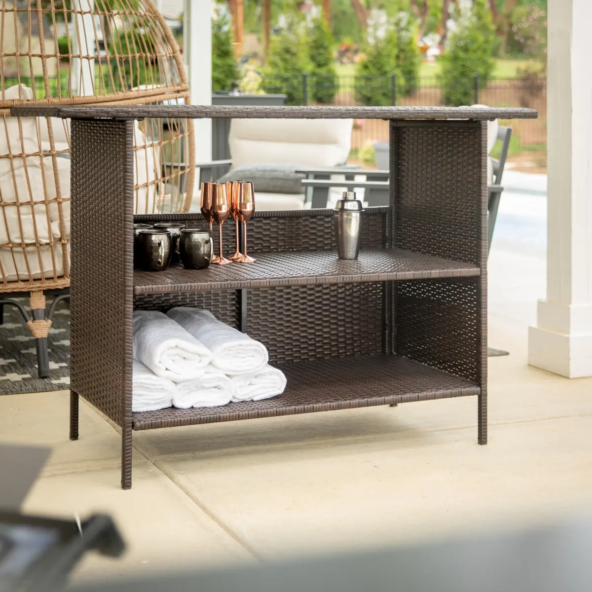 Brown Finish Marco Rectangular Indoor-Outdoor Patio Wicker Rattan Bar Counter Table with 4 Legs, 2 Shelves by Flash Furniture LTS-0165-BR-GG
