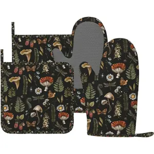 Mushroom Oven Mitts and Pot Holders Set-Silicone, Vintage Magic Leaf Design, Kitchen Gloves, Potholders, Heat Resistant for Chef Baking, Cooking, Grilling, BBQ - 4 Pack