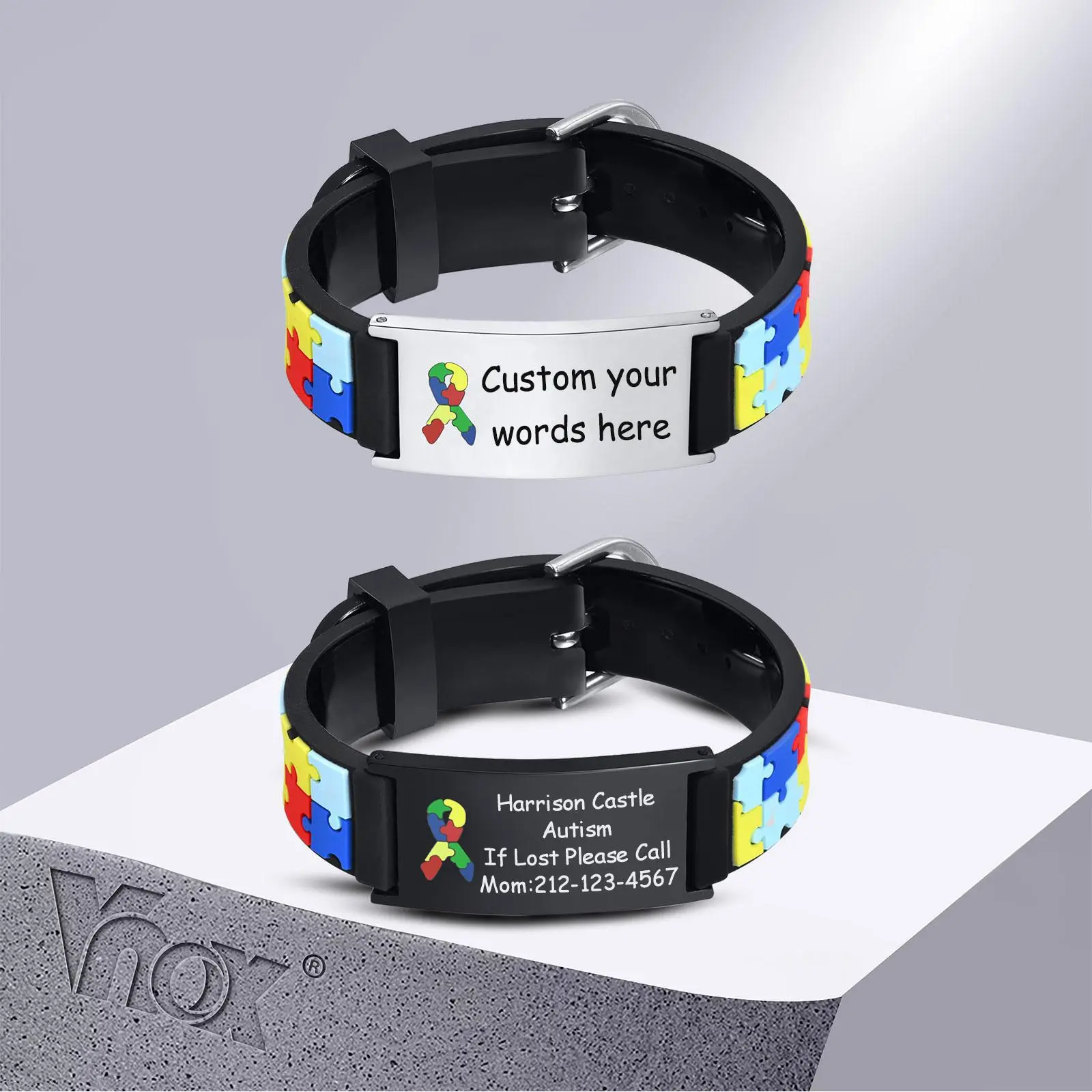 Vnox Free Customized Baby Name Bracelets for Girls Boys Birthday Gift,Personalized Autism ICE Info Soft Silicone Bands Wristband