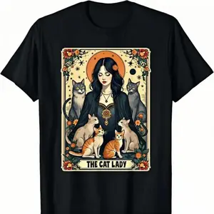 Unisex The Cat Lady Tarot Card Shirt Women Witchy Gothic Cat Mom T-Shirt Novelty Graphic T Shirt funny tshirt Undershirts Tees Casual Streetwear Classic Plain Men's Women Cotton Moisture Wicking Short Sleeve Crew Neck