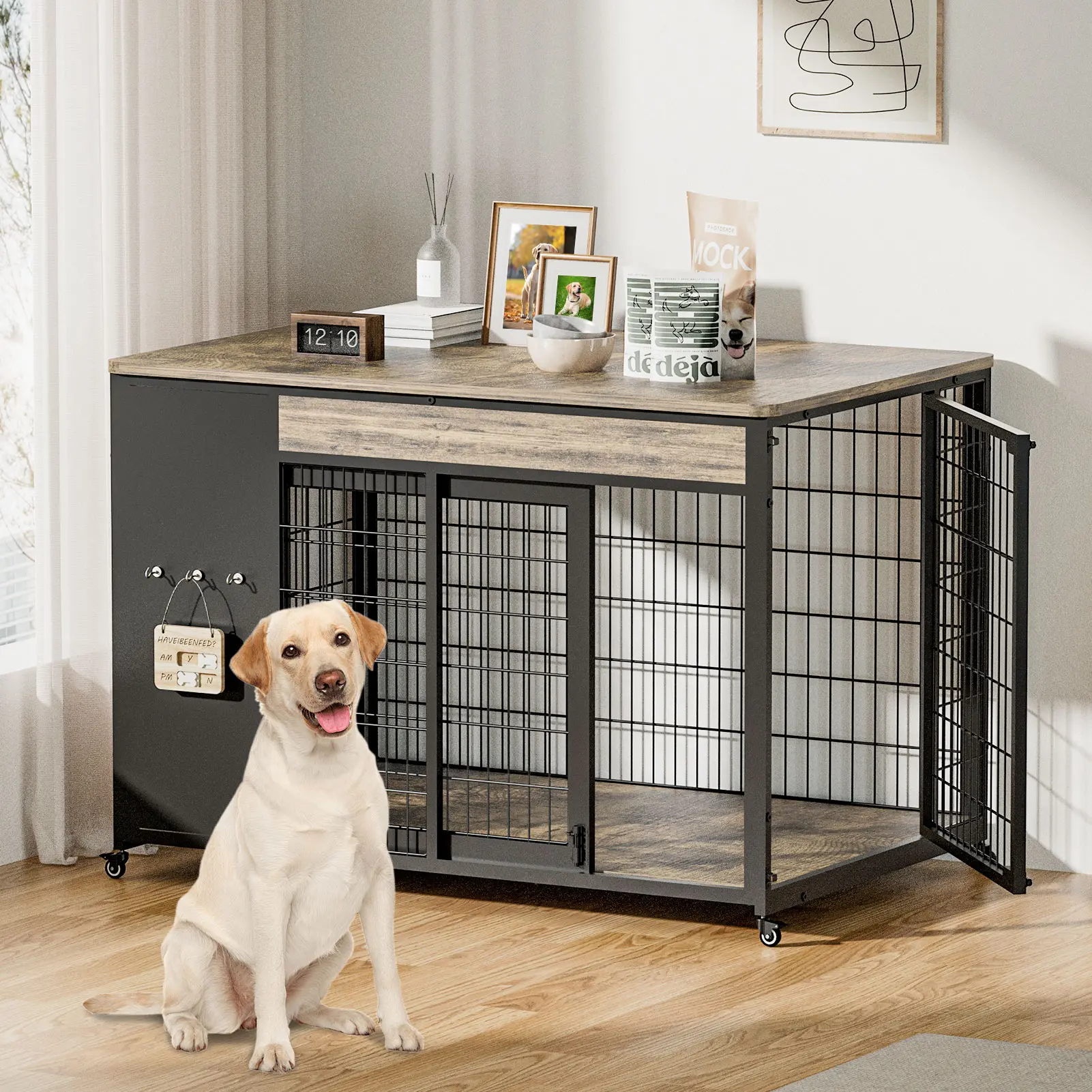 【Summervibes】Double Door Metal Dog Crate with Wooden Base & Wood Top – Heavy Duty Furniture Style End Table with Lockable Wheels, Hanging Feeding Tag, Easy Assembly (Tools Included) & Water-Resistant Wood Floor