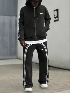 Trendy Two-Piece Set, Zip-Up Hoodie & Side Striped Sportswear, Retro /, Oversized Fit, Comfortable Fabric, Street Style, Streetwear Tracksuit Set