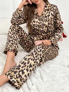 Two-Piece Long Sleeve Pajama Set, Leopard Print, Satin Fabric, Comfortable Sleepwear Loungewear, Chic Luxury Design, Perfect for Relaxing at Home