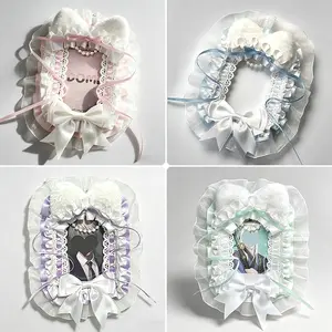 Adorable Bow Lace Plush Photo Card Holder, DIY Finished with Chain, Anime Idol Collectible, Transparent Student ID Case, Lomo 3 Inch Photo Clip